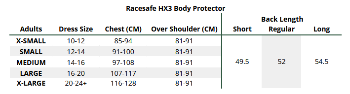2025 Racesafe Adults HX3 Body Protector  Größentabelle